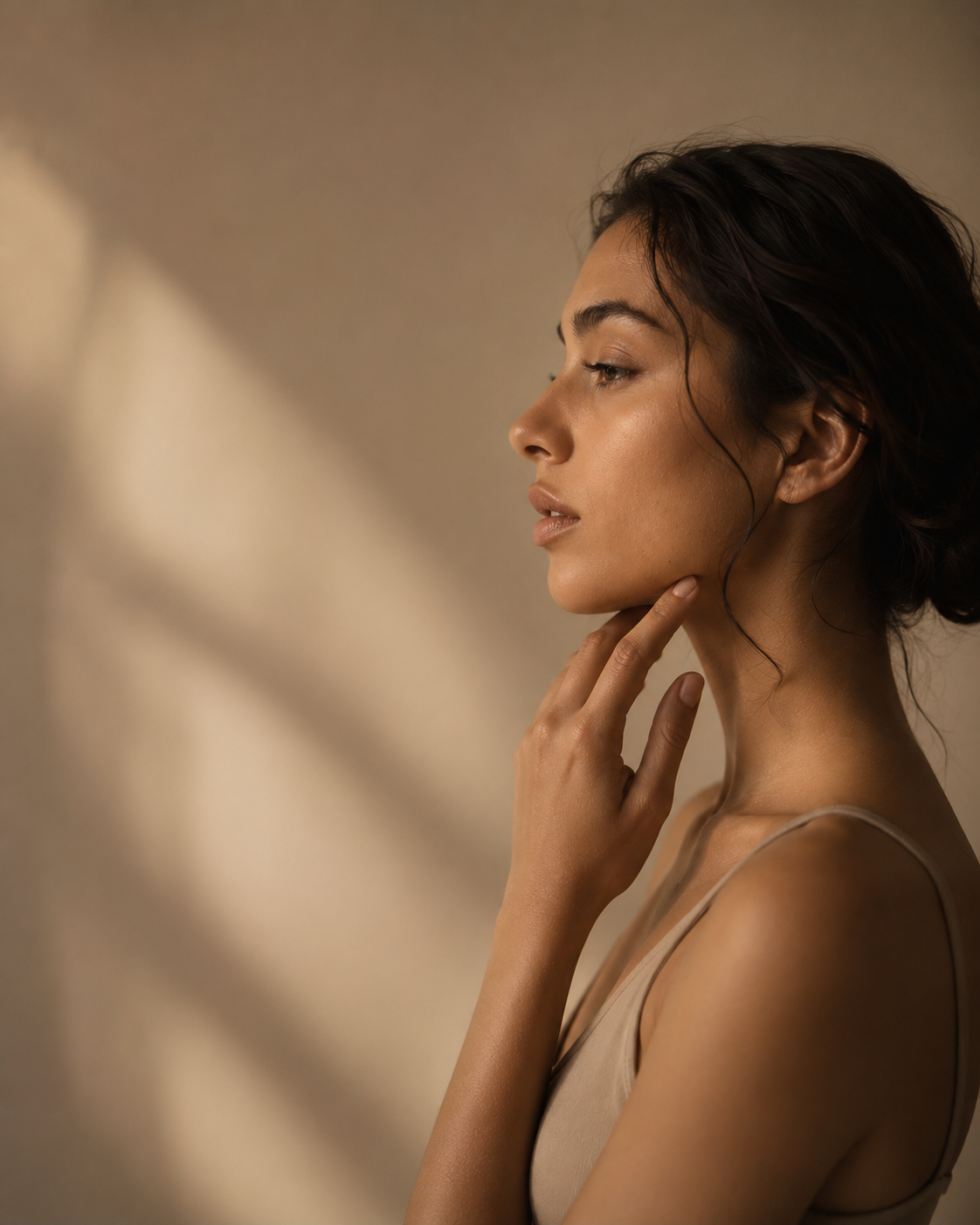 woman jaw profile warm light" or "woman face side view calm