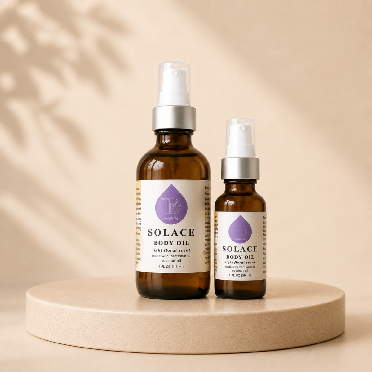 Quiétude Solace bottle on warm linen or sand surface. Soft focus, warm tones. Optional: open bottle with scent suggested through the composition of dried botanicals nearby.
