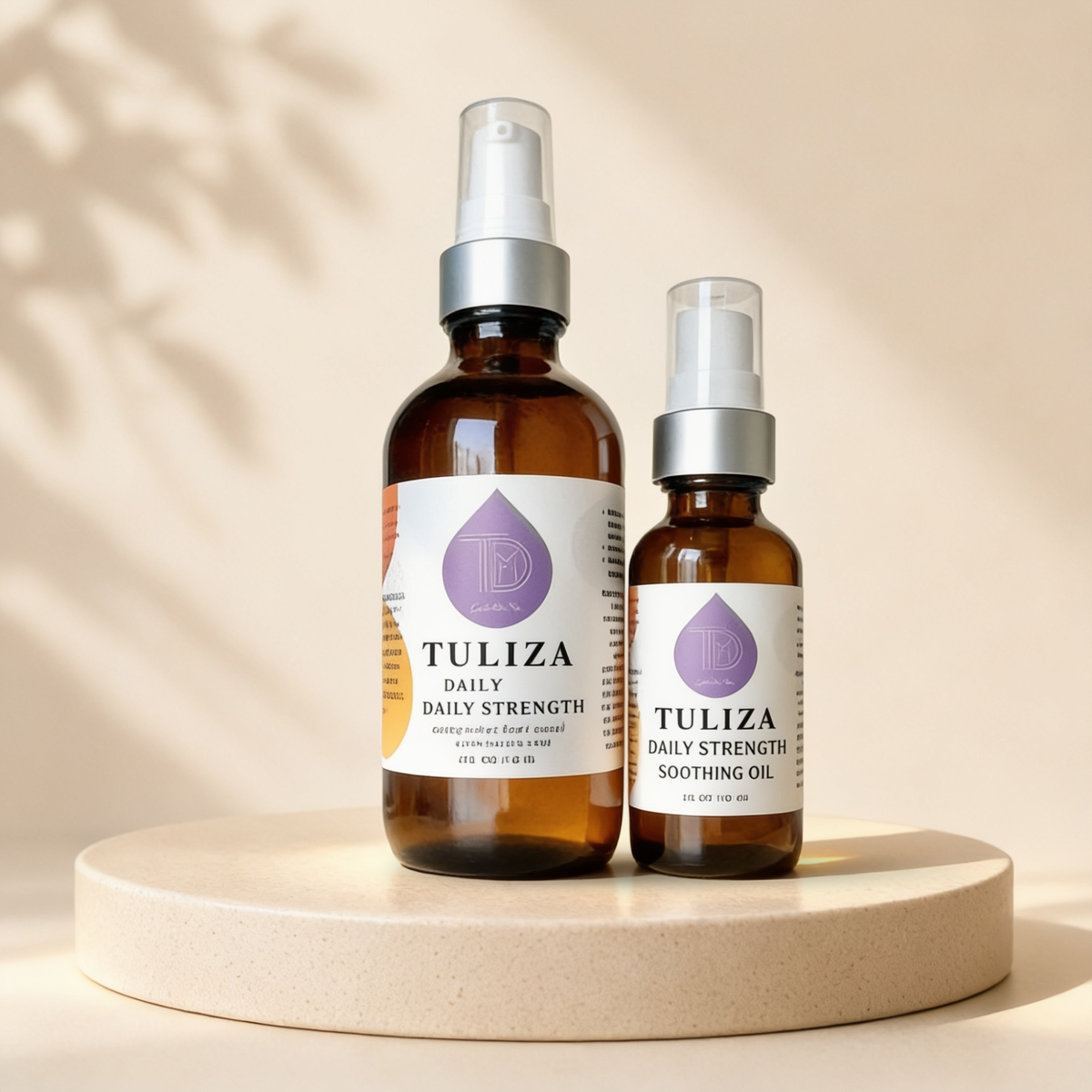 Tuliza Body Oil 5% bottle on linen surface. Optional: hand pouring oil or applying to upper back/shoulder area. Warm tone, cream background.
