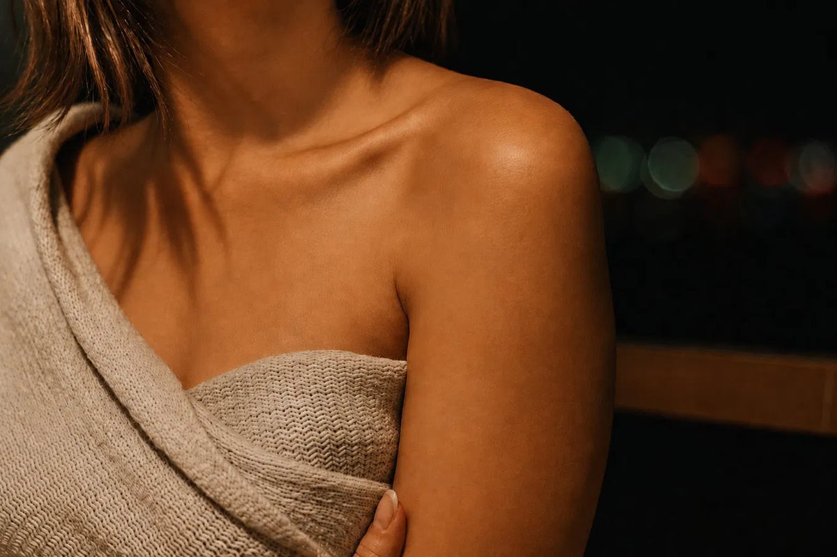 woman chest open arms warm light" or "woman lying back rest calm natural light